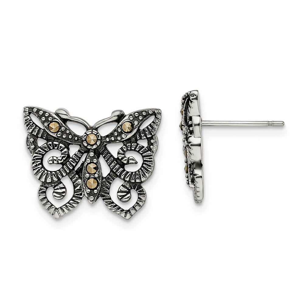 18mm Marcasite Scroll Butterfly Post Earrings in Stainless Steel