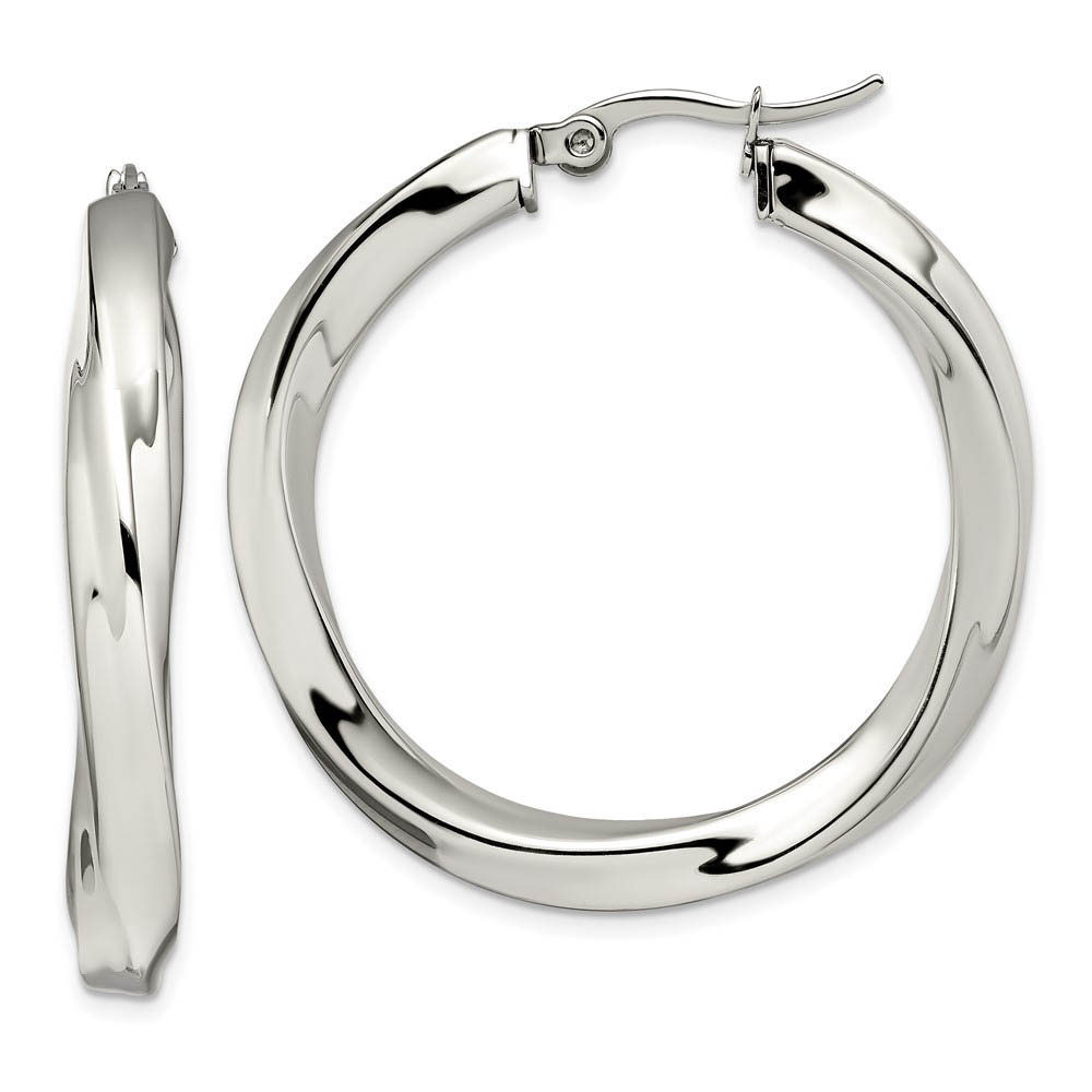 Stainless Steel Twisted Polished Hollow Round Hoop Earrings, 7 x 37mm