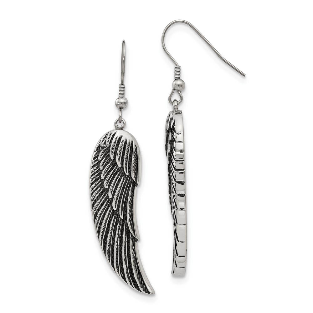 Large Antiqued Textured Wing Dangle Earrings in Stainless Steel