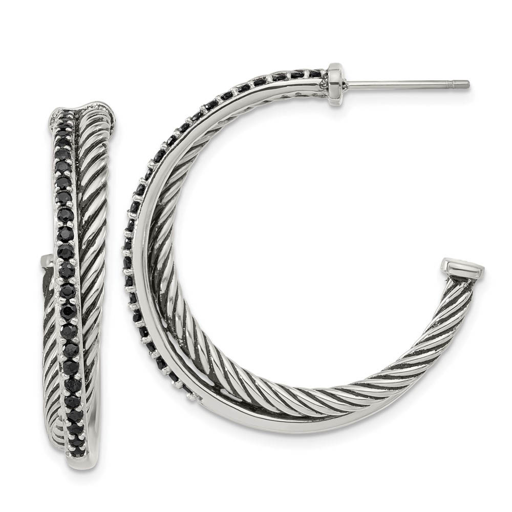 5mm Antiqued Twisted & Black CZ Hoops in Stainless Steel, 34mm