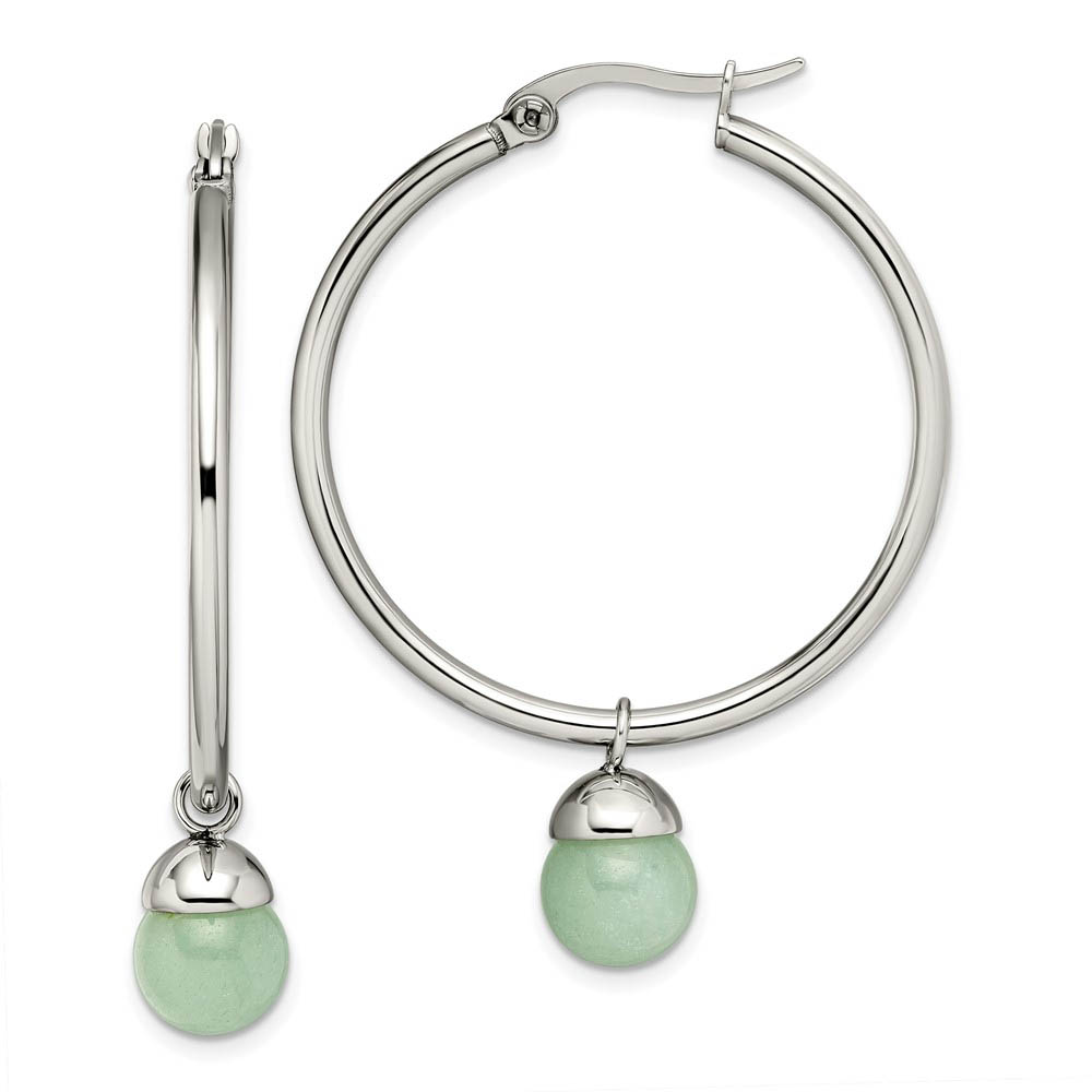 Green Aventurine Bead Round Hoop Earrings in Stainless Steel - 35mm