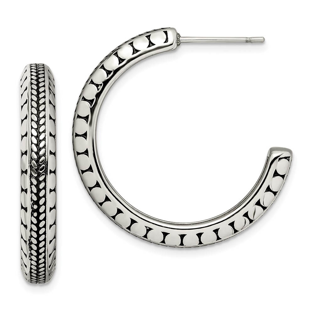 Stainless Steel Antiqued Patterned J-Hoop Earrings, 5 x 30mm