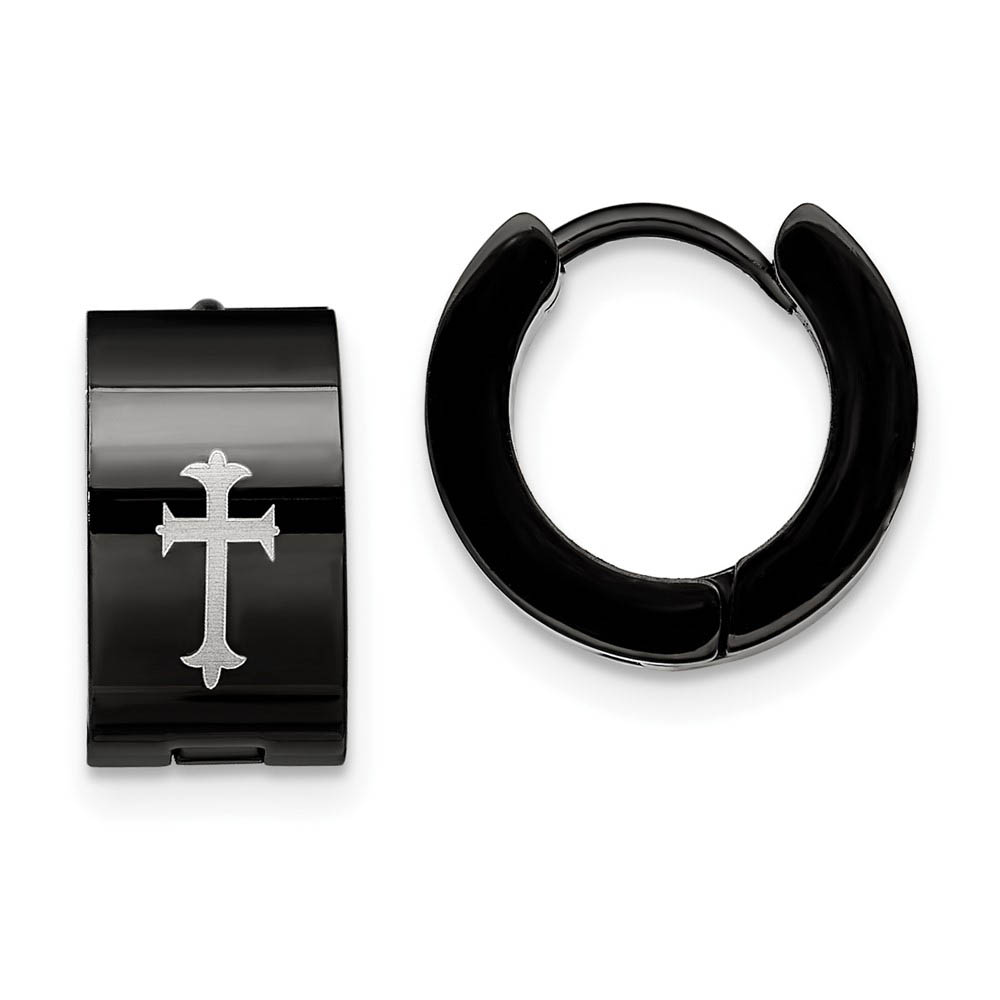 Black-plated Stainless Steel Fleur-de-lis Cross Hinged Hoop Earrings