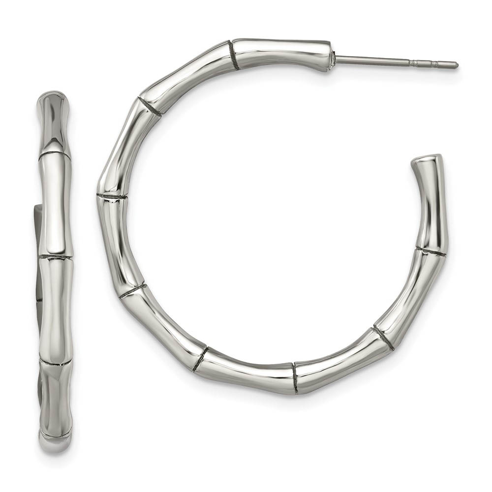 Stainless Steel Polished Bamboo Style J-Hoop Earrings, 3 x 32mm