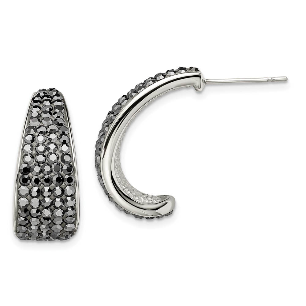 Black Crystal Tapered Half Hoop Post Earrings in Stainless Steel