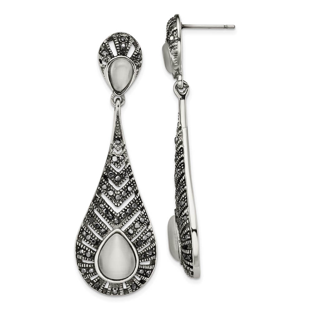 Marcasite &amp; Cat&#039;s Eye Teardrop Post Dangle Earrings in Stainless Steel