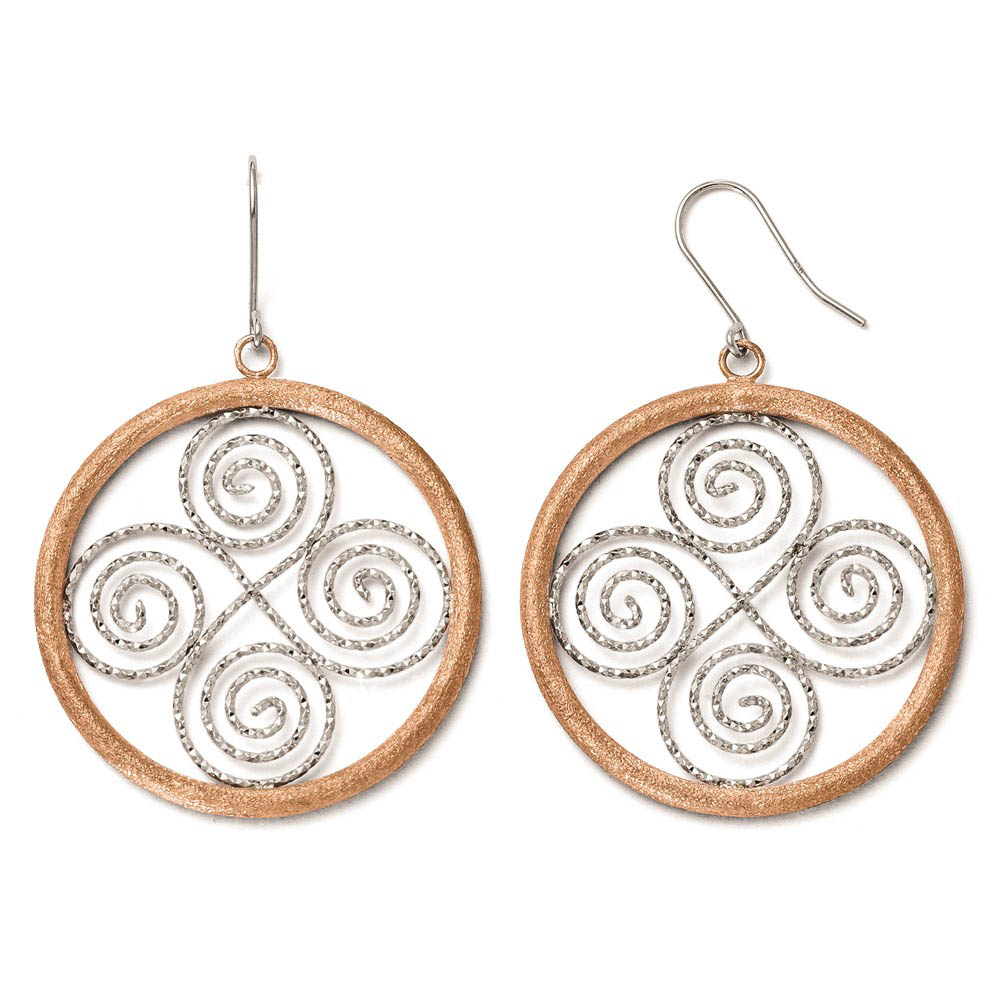 35mm Sterling Silver & Rose Gold Tone Scroll & Circle Dangle Earrings
