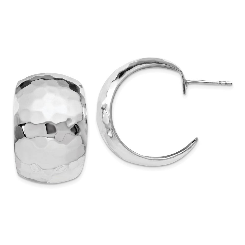 Sterling Silver Wide Polished Hammered J-Hoop Earrings, 18 x 28mm