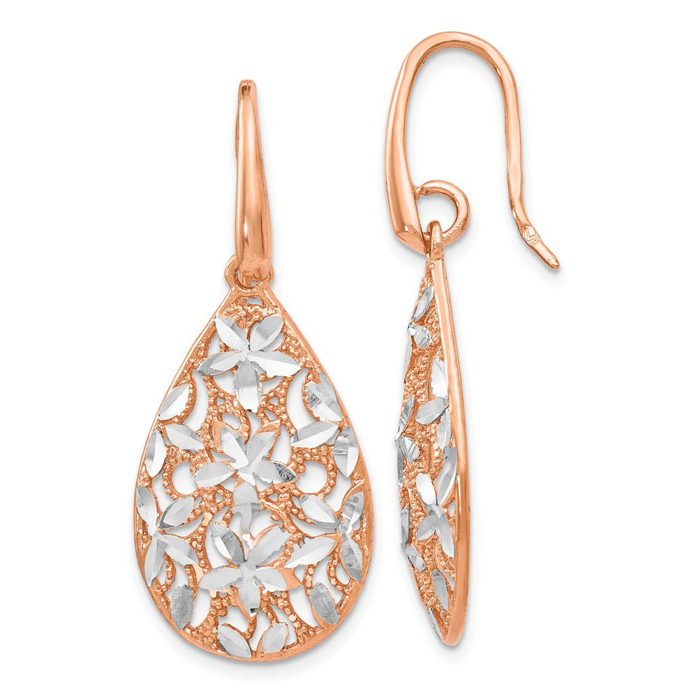 Floral Filigree Teardrop Dangle Rose Gold Tone Plated Silver Earrings