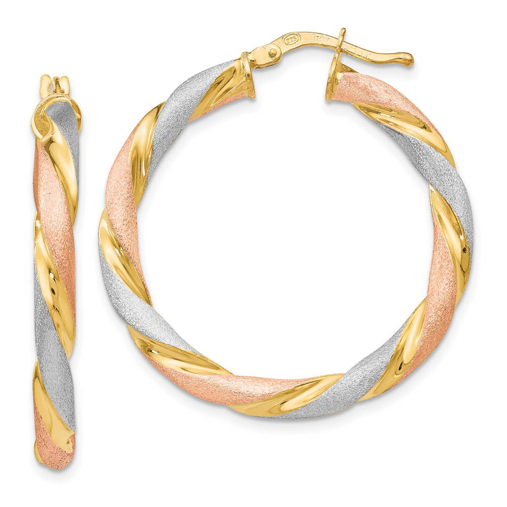 3.5mm Tri-Color Twisted Round Hoops in Gold Tone Sterling Silver, 33mm