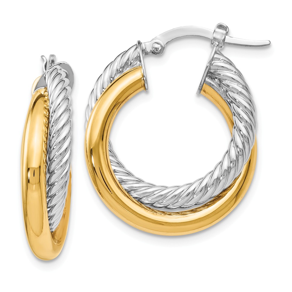 14k Two Tone Gold 6mm Polished & Twisted Crossover Round Hoop Earrings