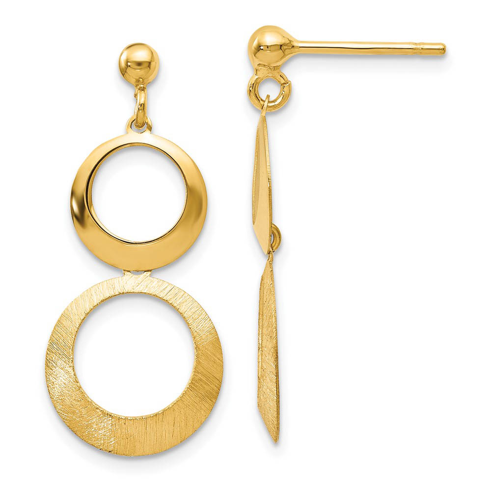 Polished & Brushed Double Circle Dangle Earrings in 14k Yellow Gold