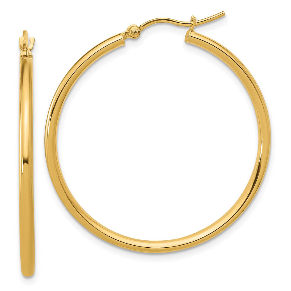 2mm Round Hoop Earrings in 14k Yellow Gold, 35mm (1 3/8 Inch)