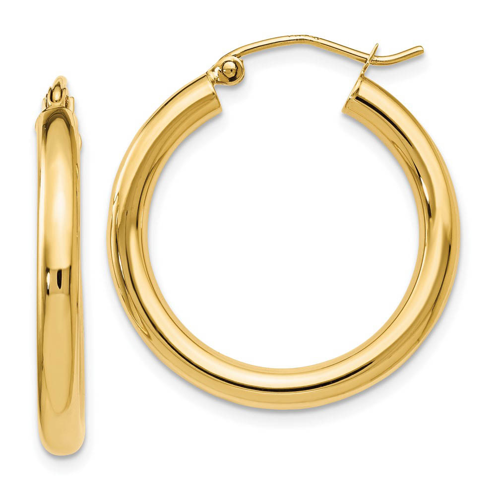 3mm Round Hoop Earrings in 14k Yellow Gold, 26mm (1 Inch)