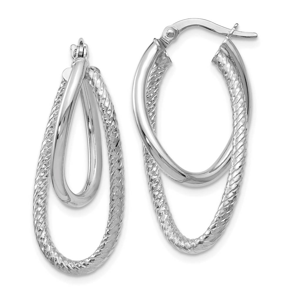 Polished and Textured 14k White Gold Bent Double Hoop Earrings, 32mm