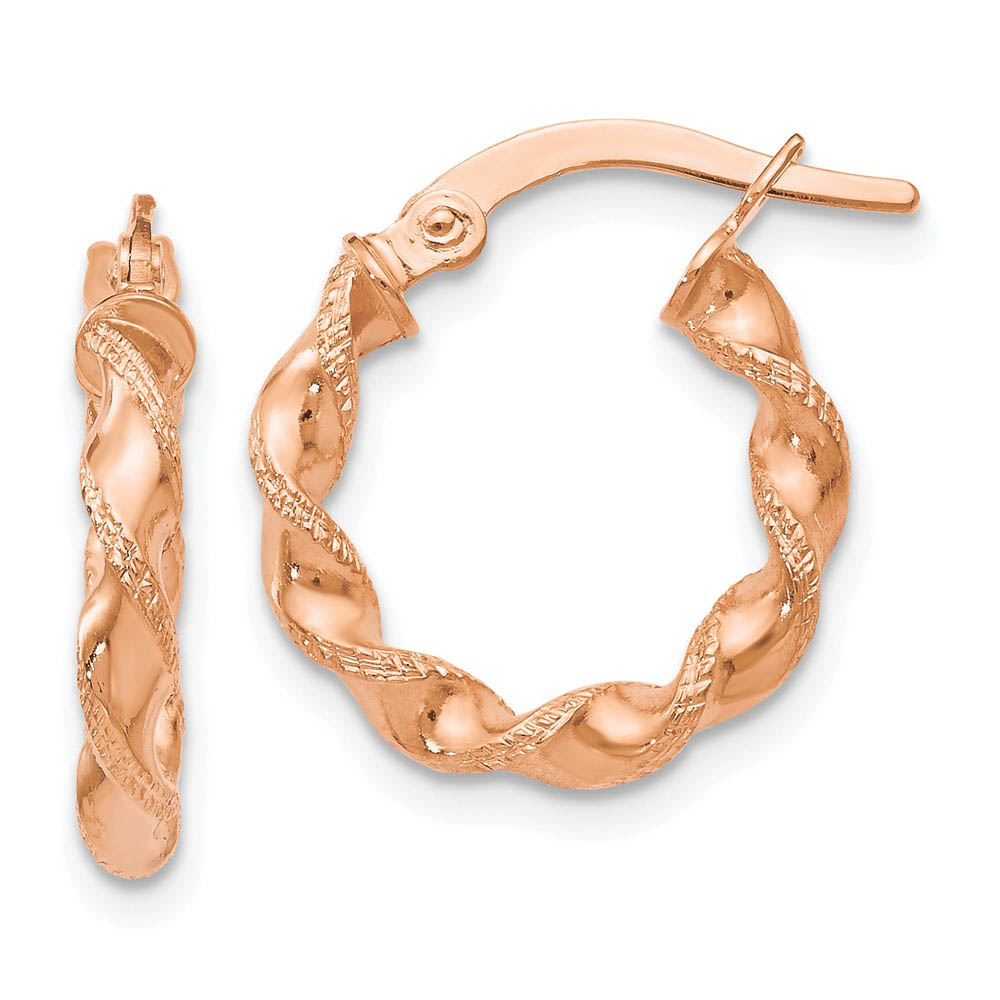 2.5mm 14k Rose Gold Polished & Textured Twisted Hoops, 16mm (5/8 Inch)