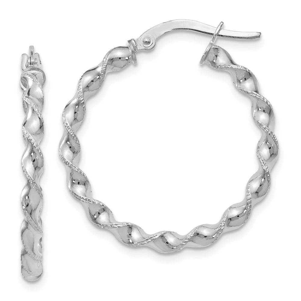 2.5mm 14k White Gold Polished & Textured Twisted Hoops, 26mm (1 Inch)