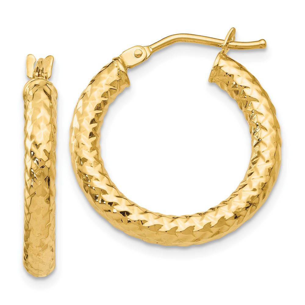 3mm Crisscross Round Hoop Earrings in 14k Yellow Gold, 22mm (7/8 Inch)