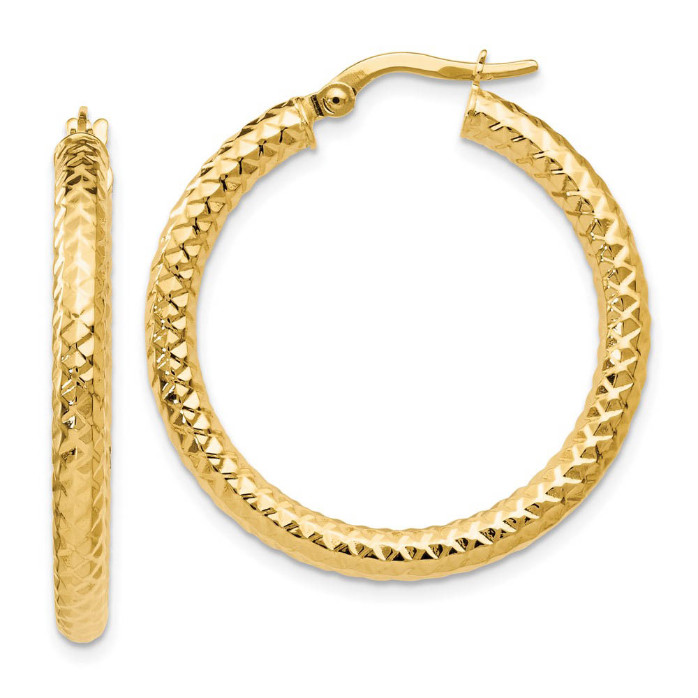 3mm Crisscross Round Hoop Earrings in 14k Yellow Gold, 30mm