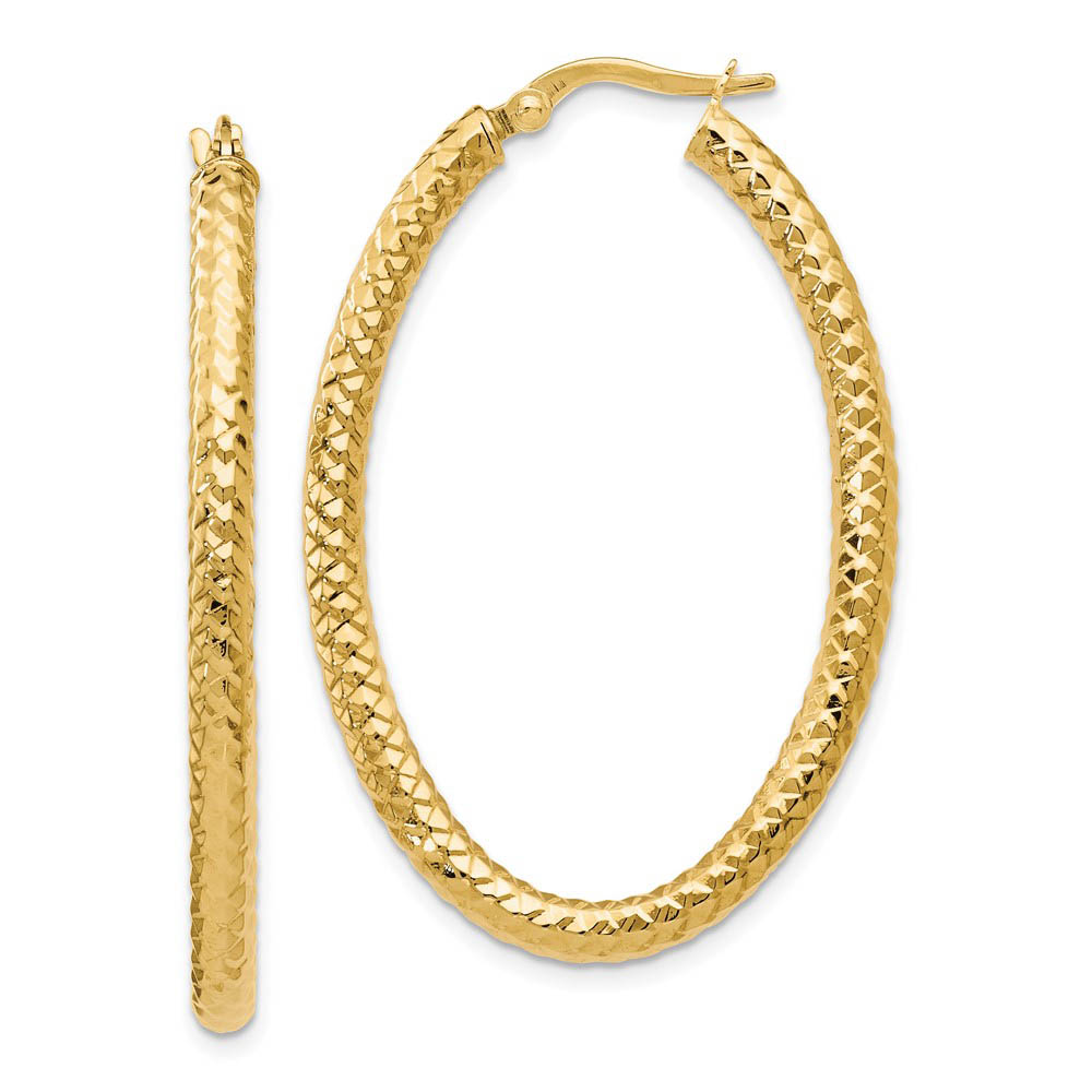 3mm Crisscross Oval Hoop Earrings in 14k Yellow Gold, 42mm(1 5/8 Inch)
