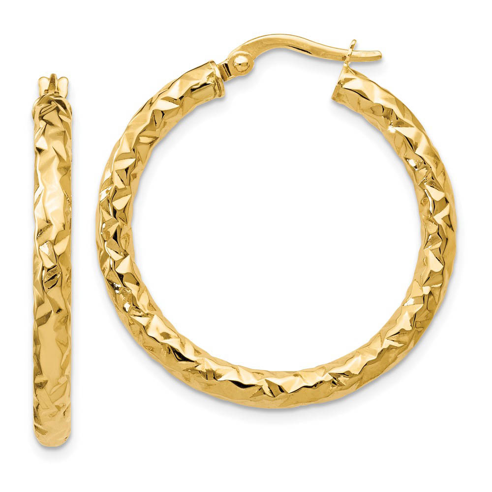 3mm Textured Round Hoop Earrings in 14k Yellow Gold, 30mm(1 3/16 Inch)