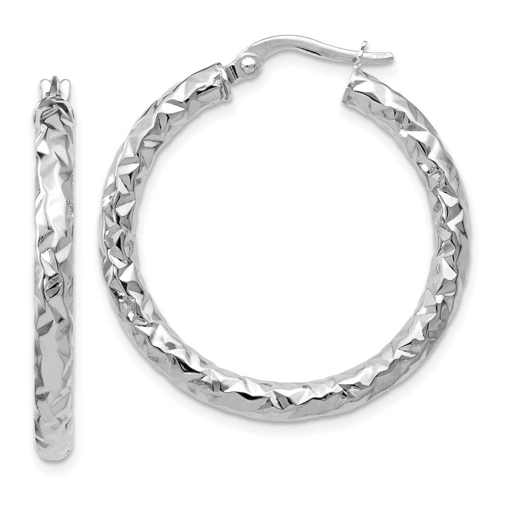 3mm Textured Round Hoop Earrings in 14k White Gold, 30mm (1 3/16 Inch)