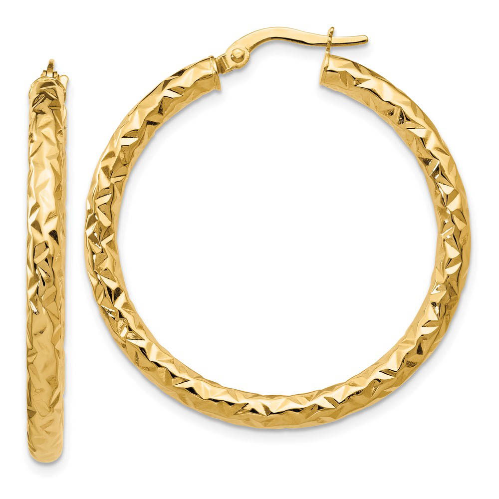 3mm Textured Round Hoop Earrings in 14k Yellow Gold, 34mm(1 5/16 Inch)