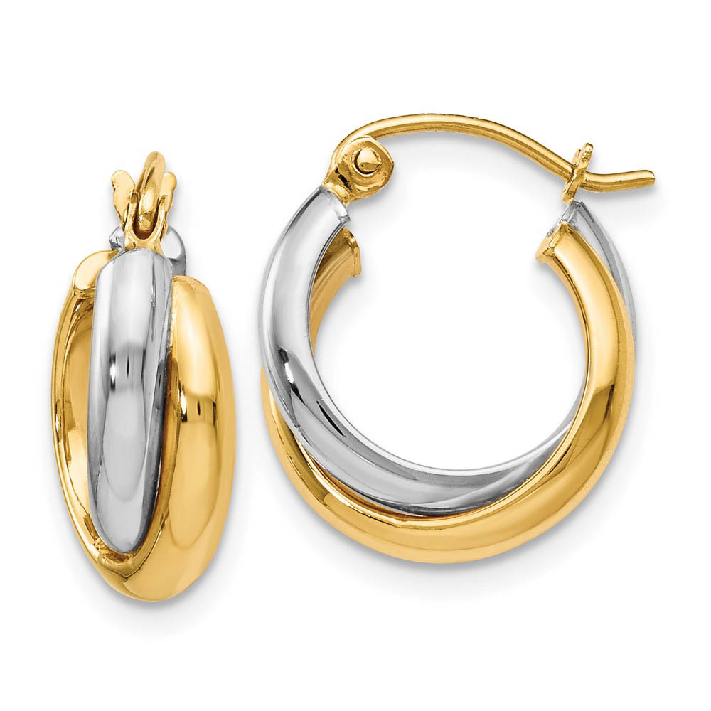 6mm Crossover Double Round Hoop Earrings in 14k Two Tone Gold, 14mm