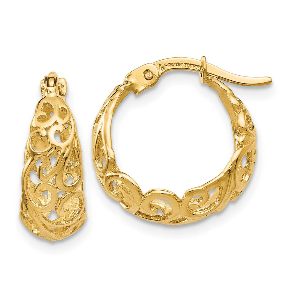Ornate Tapered Round Hoop Earrings in 14k Yellow Gold, 16mm (5/8 Inch)