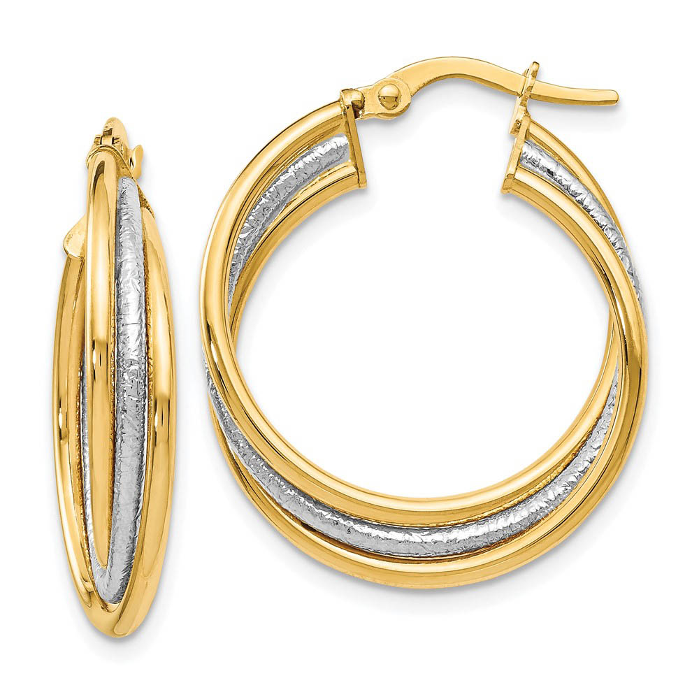 14k Two Tone Gold Polished Textured Triple Round Hoop Earrings, 23mm