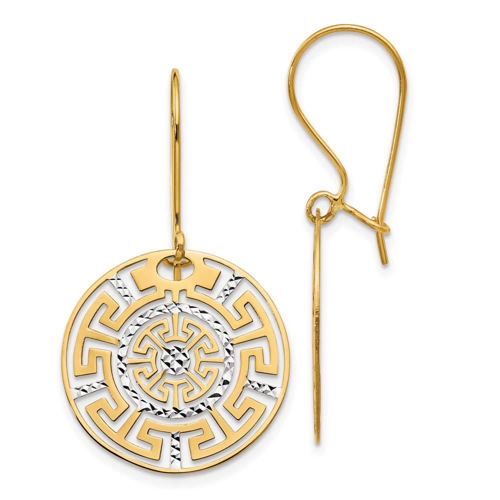 20mm Greek Key Dangle Earrings in 14k Yellow Gold & White Rhodium