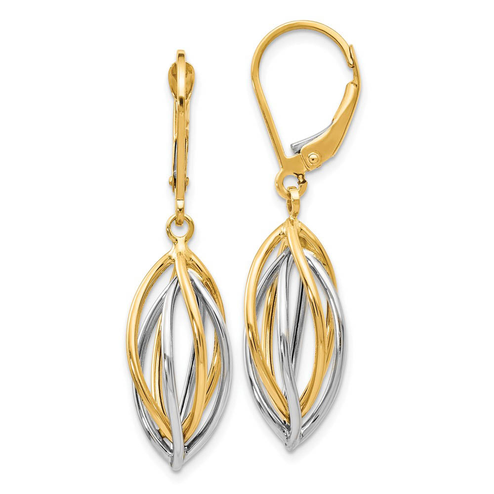 Polished 14k Two Tone Gold Spiral Lever Back Earrings, 8 x 36mm