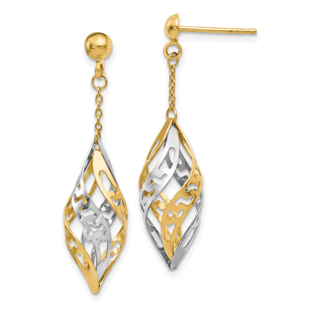 Two Tone Spiral Cage Post Dangle Earrings in 14k Gold