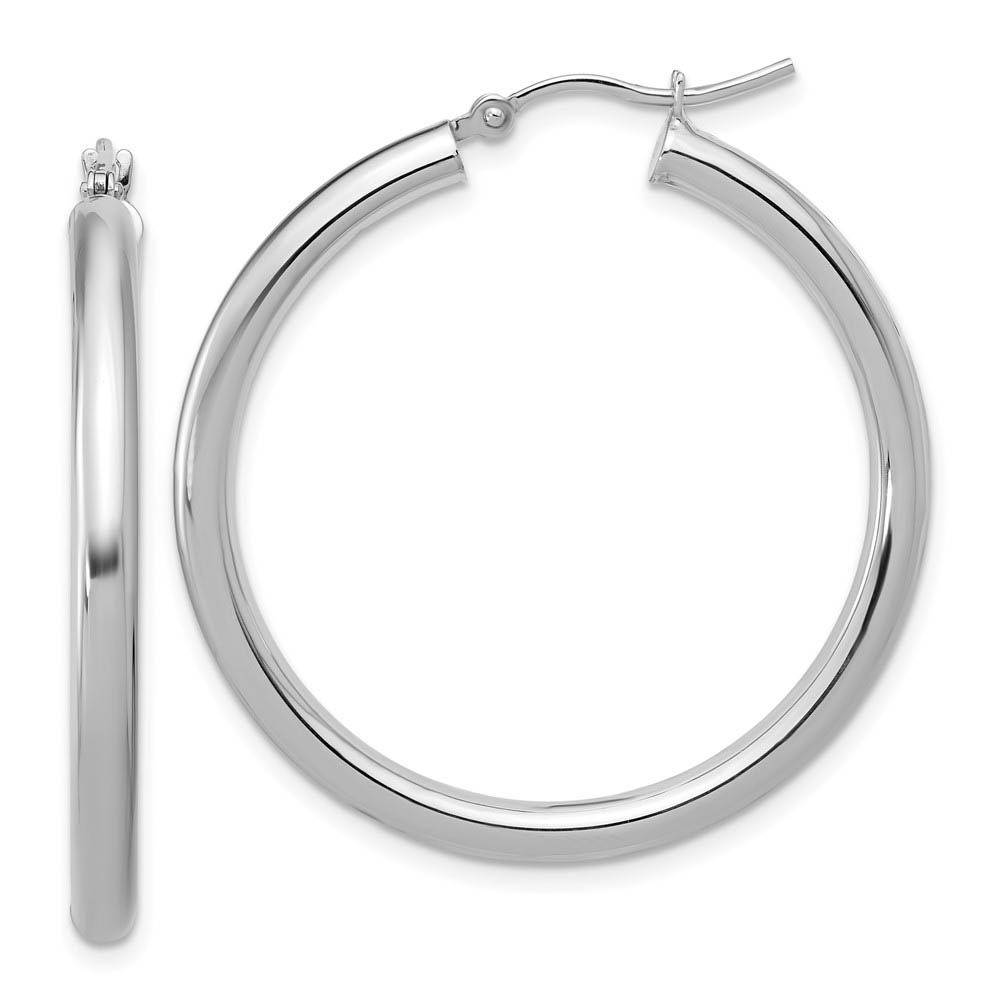 3mm Round Hoop Earrings in 10k White Gold, 35mm (1 3/8 Inch)