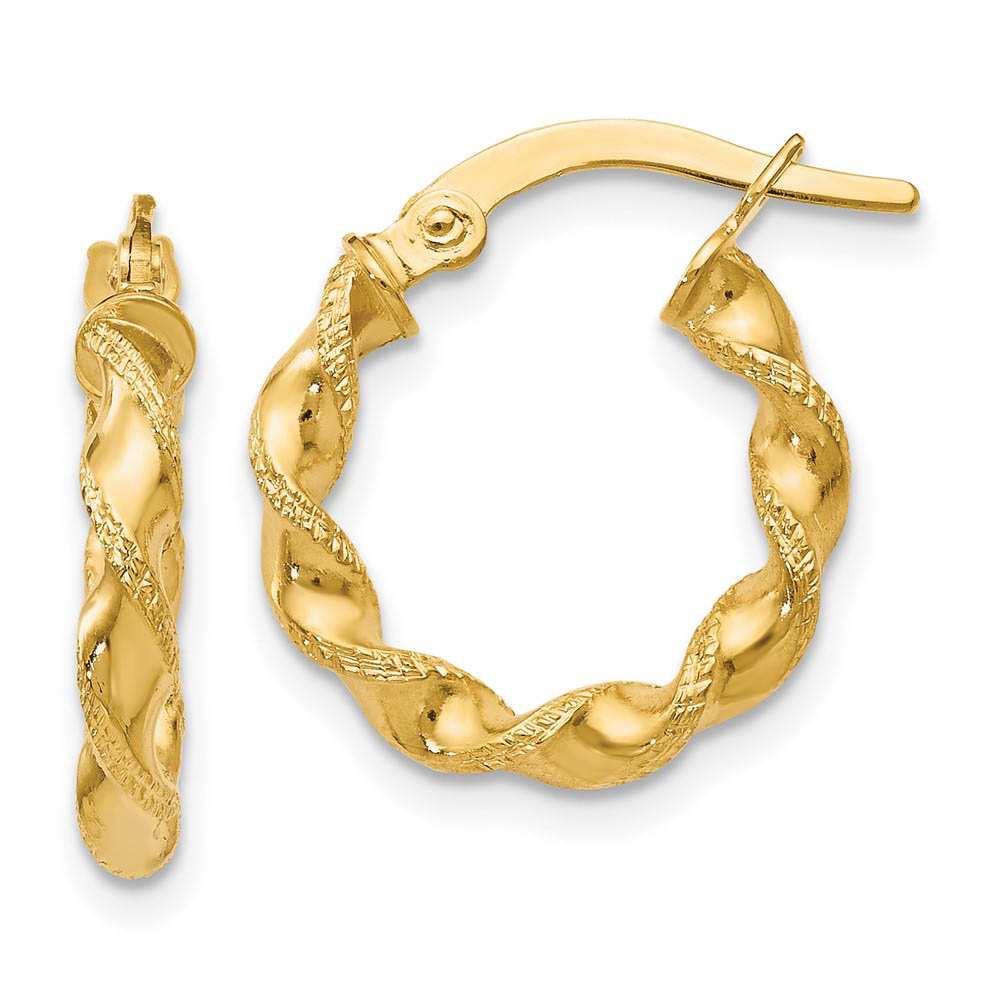 2.5mm 10k Yellow Gold Polished & Textured Twisted Hoops, 15mm