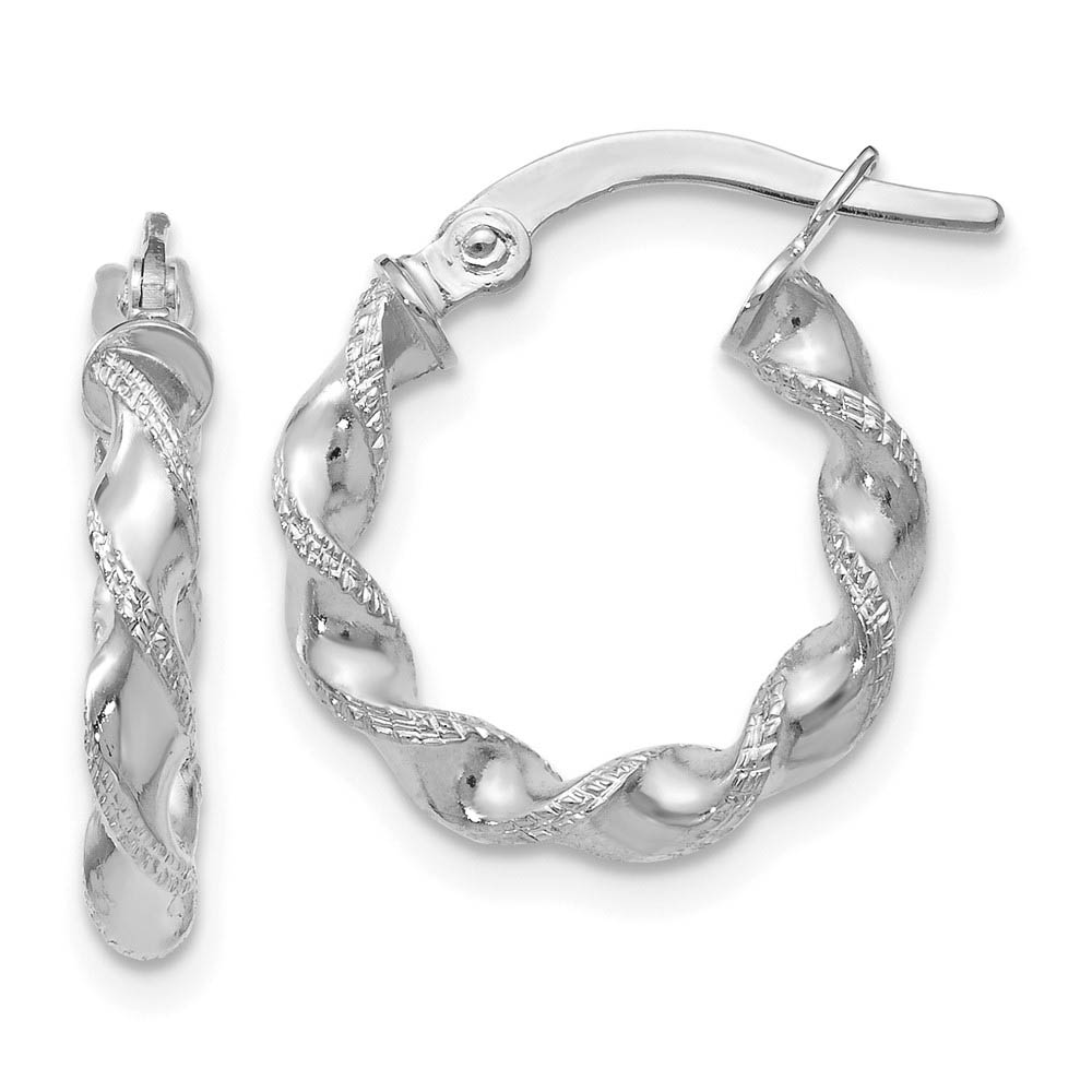 2.5mm 10k White Gold Polished & Textured Twisted Hoops, 15mm