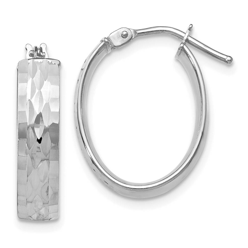 4.3mm 10k White Gold Diamond Cut Oval Hoop Earrings, 21mm (13/16 Inch)