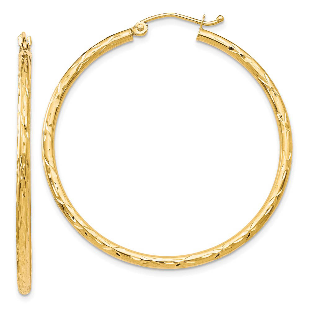 2mm 10k Yellow Gold Textured Round Hoop Earrings, 41mm (1 5/8 Inch)