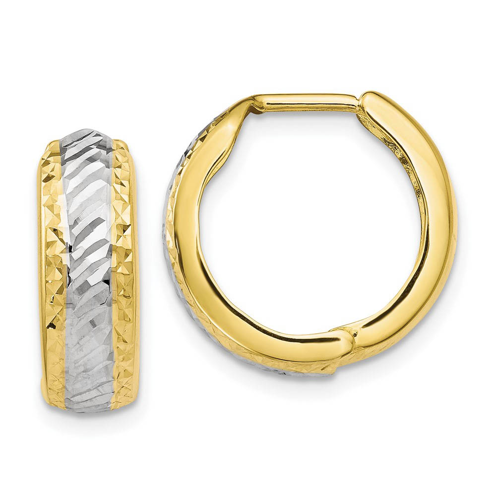 5mm Diamond Cut Hinged Huggie Hoops in 10k Gold & White Rhodium, 15mm