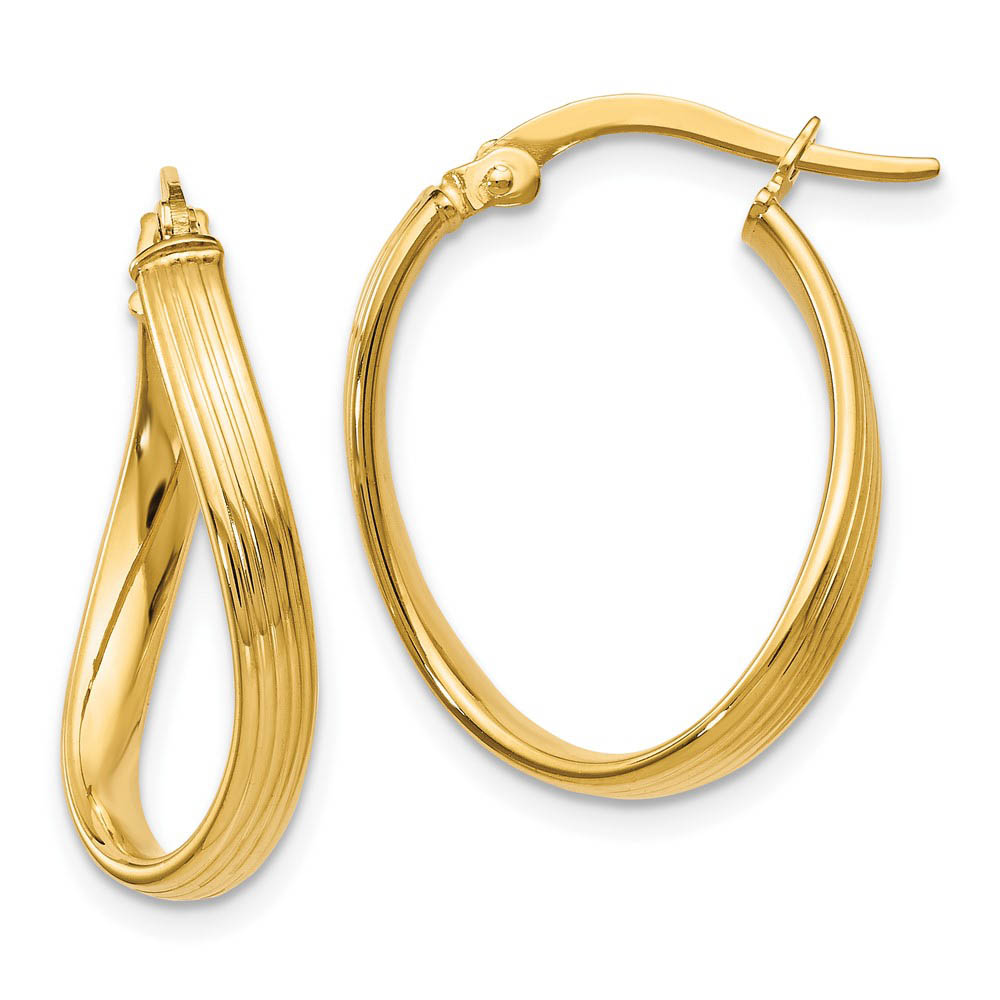 3mm Textured Bent Oval Hoop Earrings in 10k Yellow Gold, 23mm