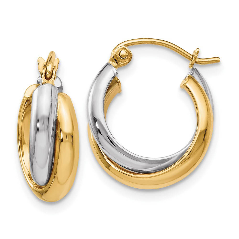 7mm Double Crossover Round Hoops in 10k Two Tone Gold, 15mm