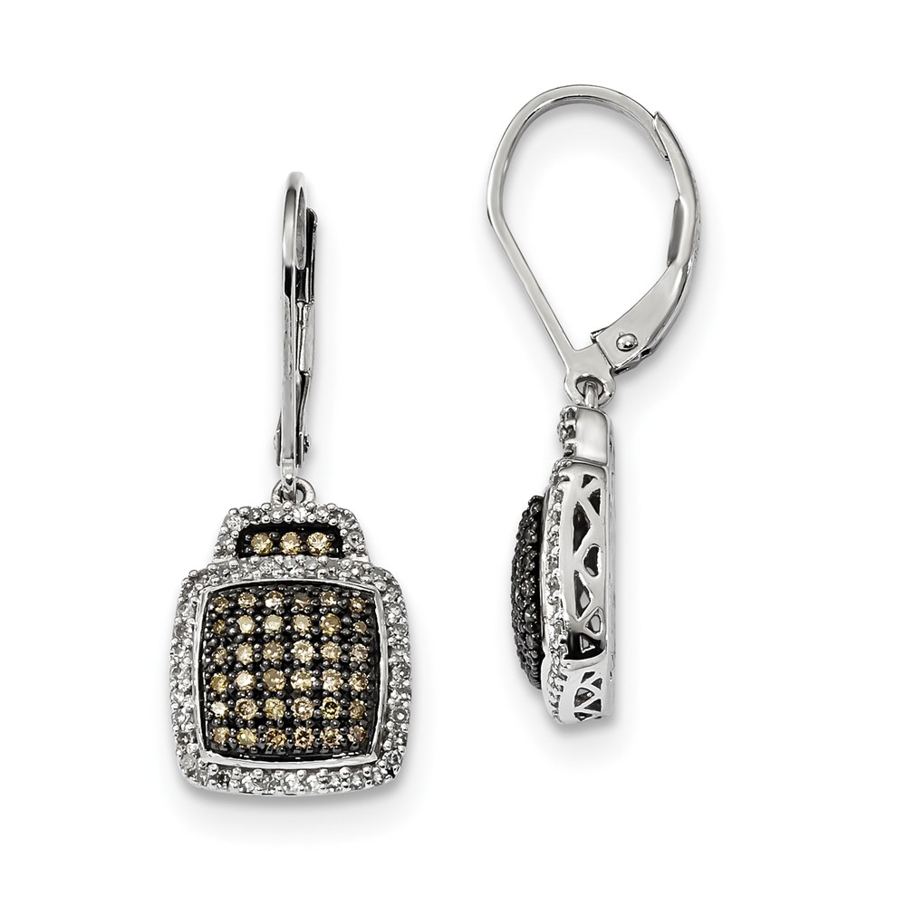 Champagne &amp; White Diamond Square Leverback Earrings in Sterling Silver