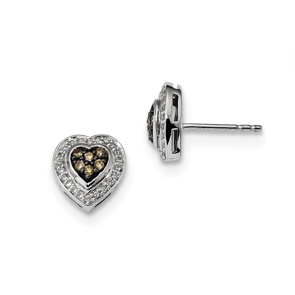 Champagne &amp; White Diamond 10mm Heart Post Earrings in Sterling Silver