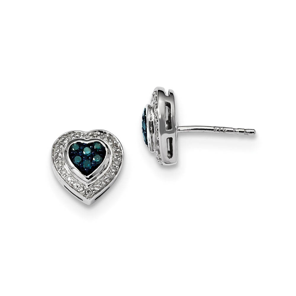 Blue &amp; White Diamond 10mm Heart Post Earrings in Sterling Silver