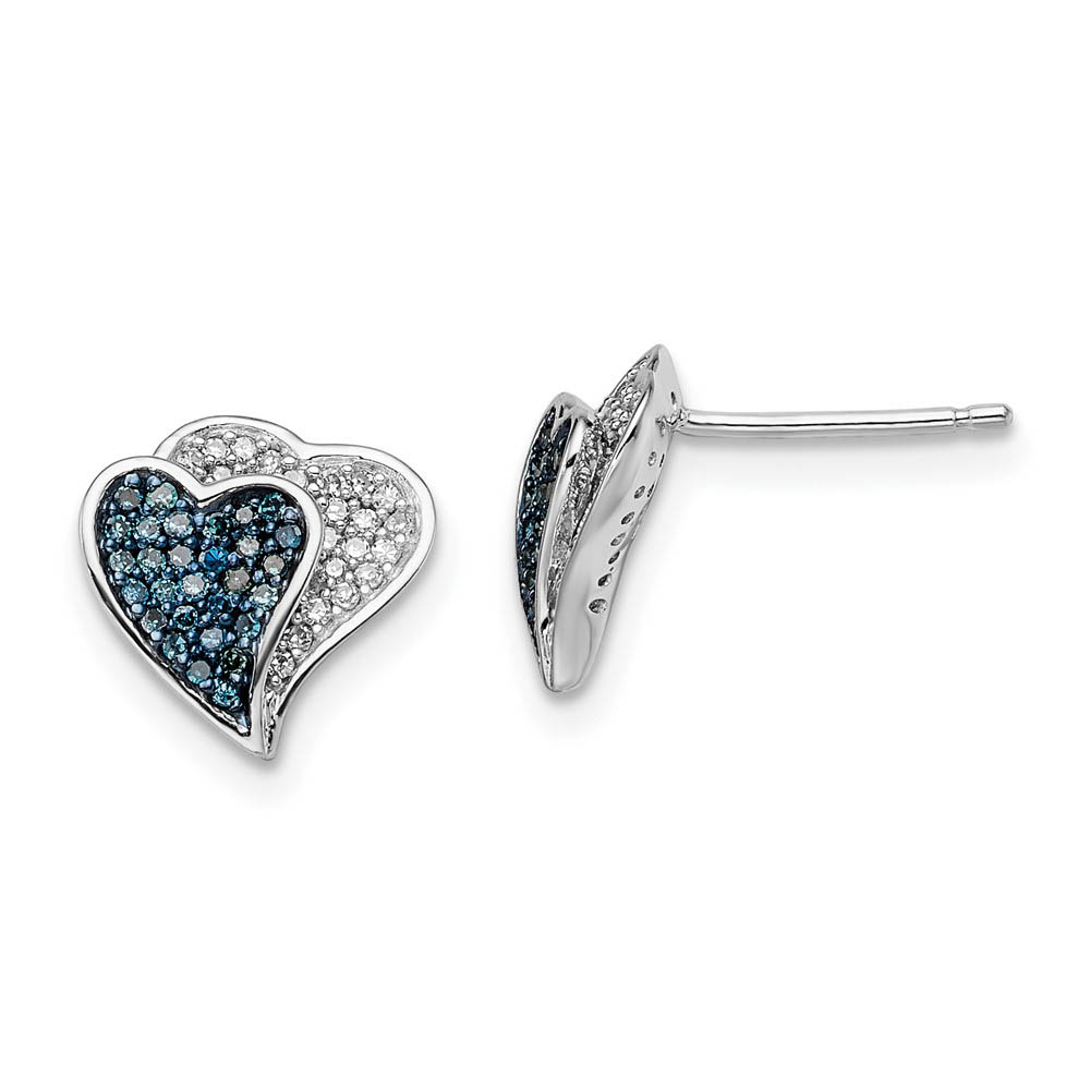 Blue &amp; White Diamond 10mm Double Heart Sterling Silver Post Earrings