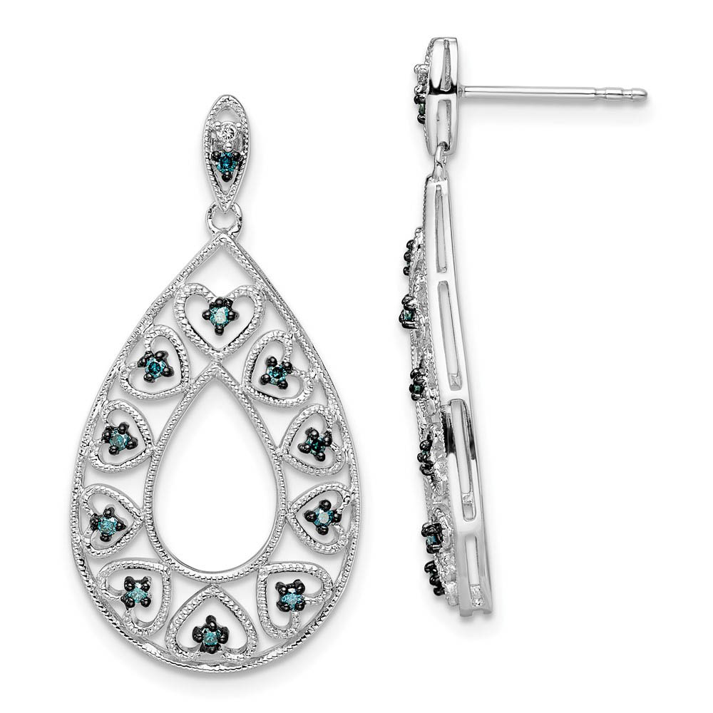 Blue &amp; White Diamond Teardrop Heart Dangle Earrings in Sterling Silver