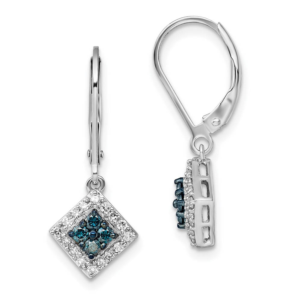 Blue &amp; White Diamond Small Square Sterling Silver Lever Back Earrings