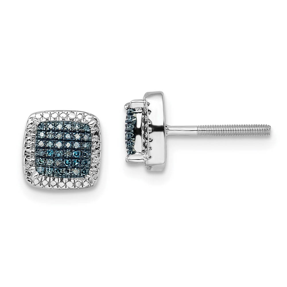 Blue &amp; White Diamond 8mm Square Screw Back Earrings in Sterling Silver