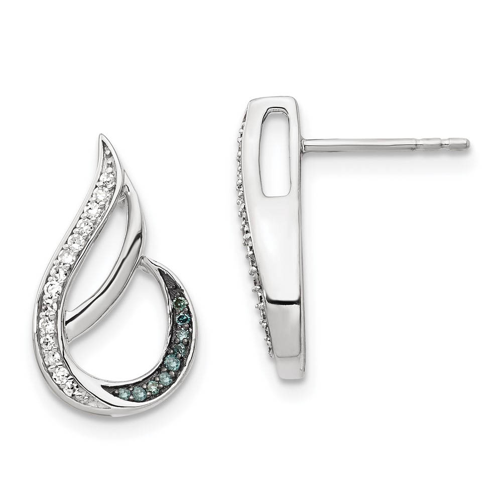 Blue &amp; White Diamond Tear Rhodium Plated Sterling Silver Post Earrings