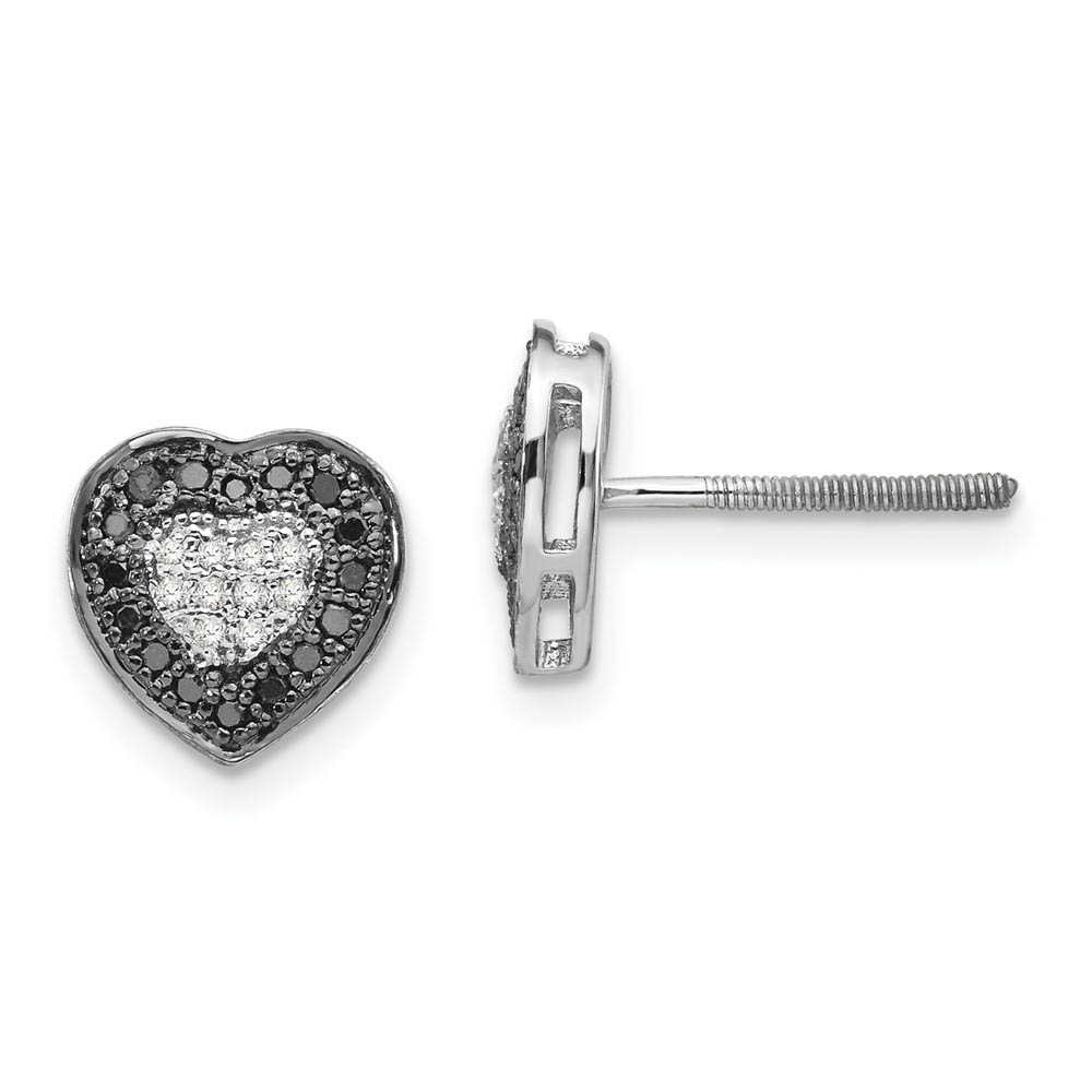 Black &amp; White Diamond 8mm Heart Screw Back Earrings in Sterling Silver